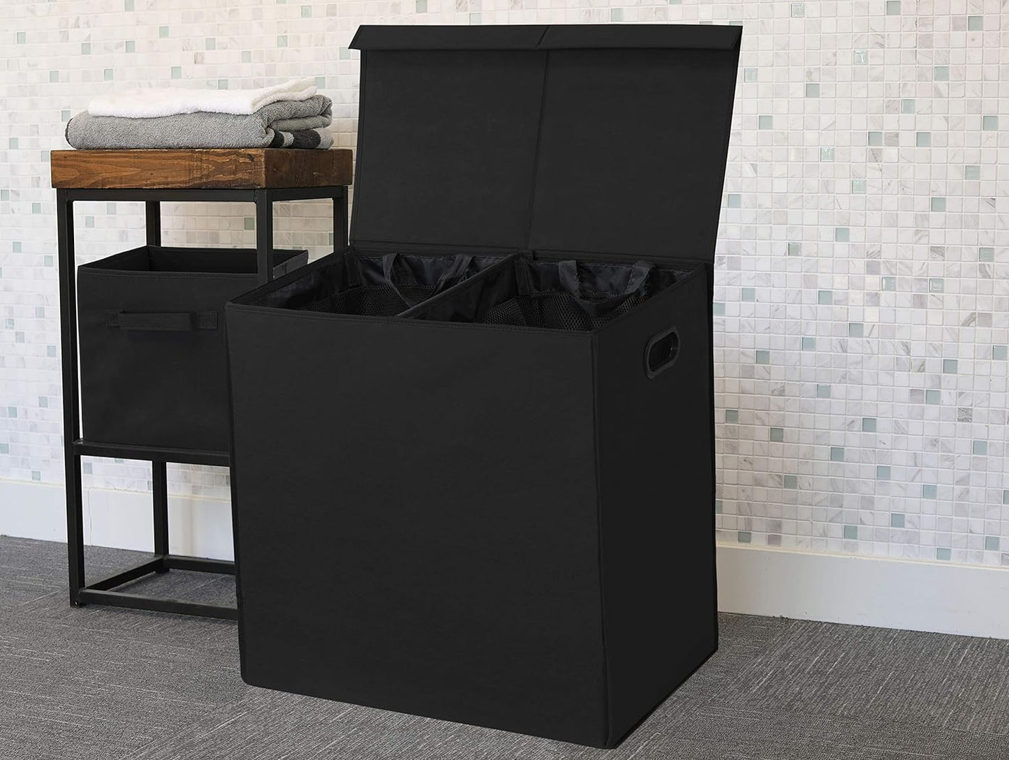Simple Houseware Double Laundry Hamper with Lid and Removable Bags, Black