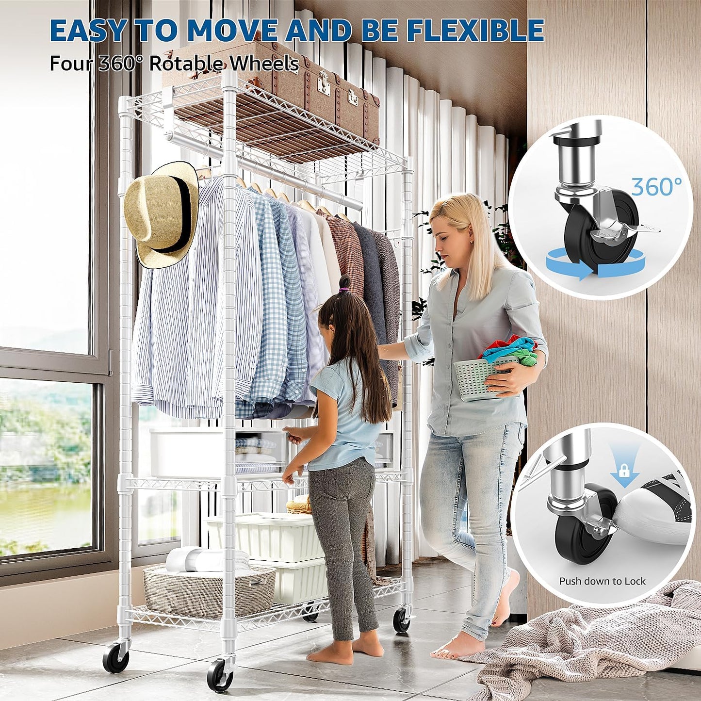 Heavy Duty Rolling Garment Rack 3 Tiers Adjustable Wire Shelving Clothes Rack with Rods and Side Hooks,Storage Closet Clothing Rack with Wheels White 15.7" D x 29.5" W x 74.5" H