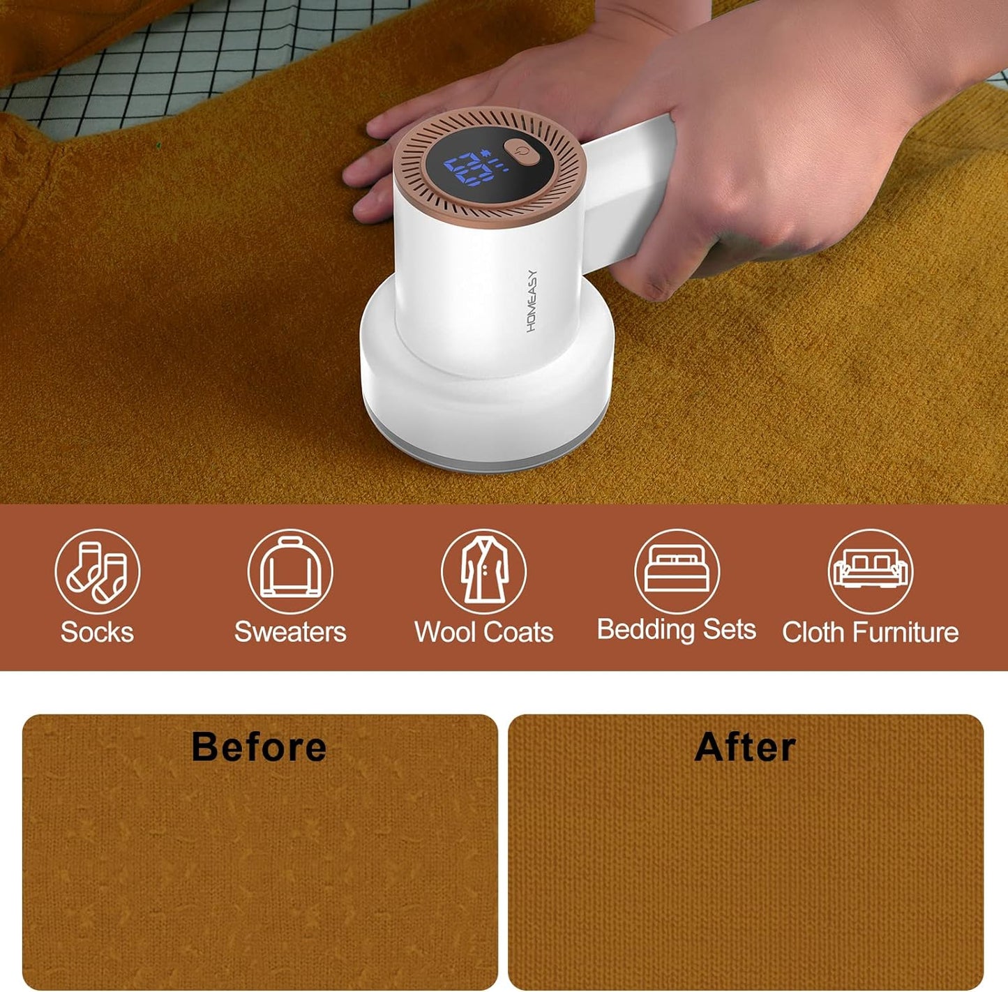 Fabric Shaver Fuzz Remover Rechargeable, HOMEASY Electric Lint Remover Shaver with 3 Blades & LED Digital Display, Sweater Couch Fabric Pill Shaver for Sweater, Couch, Furniture (White)