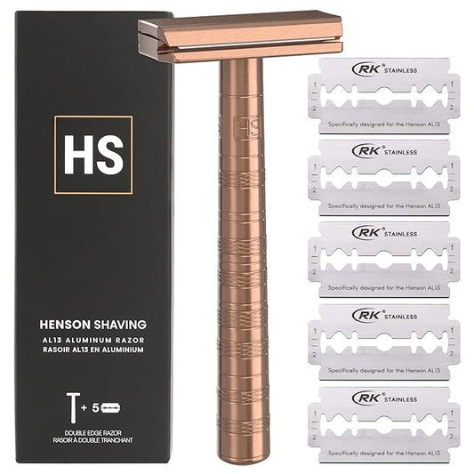 Henson Shaving Razor - Copper Double Edge Safety Razor with 5 Spare Blades - 30° Angled Precision With Superior Blade Rigidity- Reusable Single Blade Razors For Men and Women - Mild Aggression