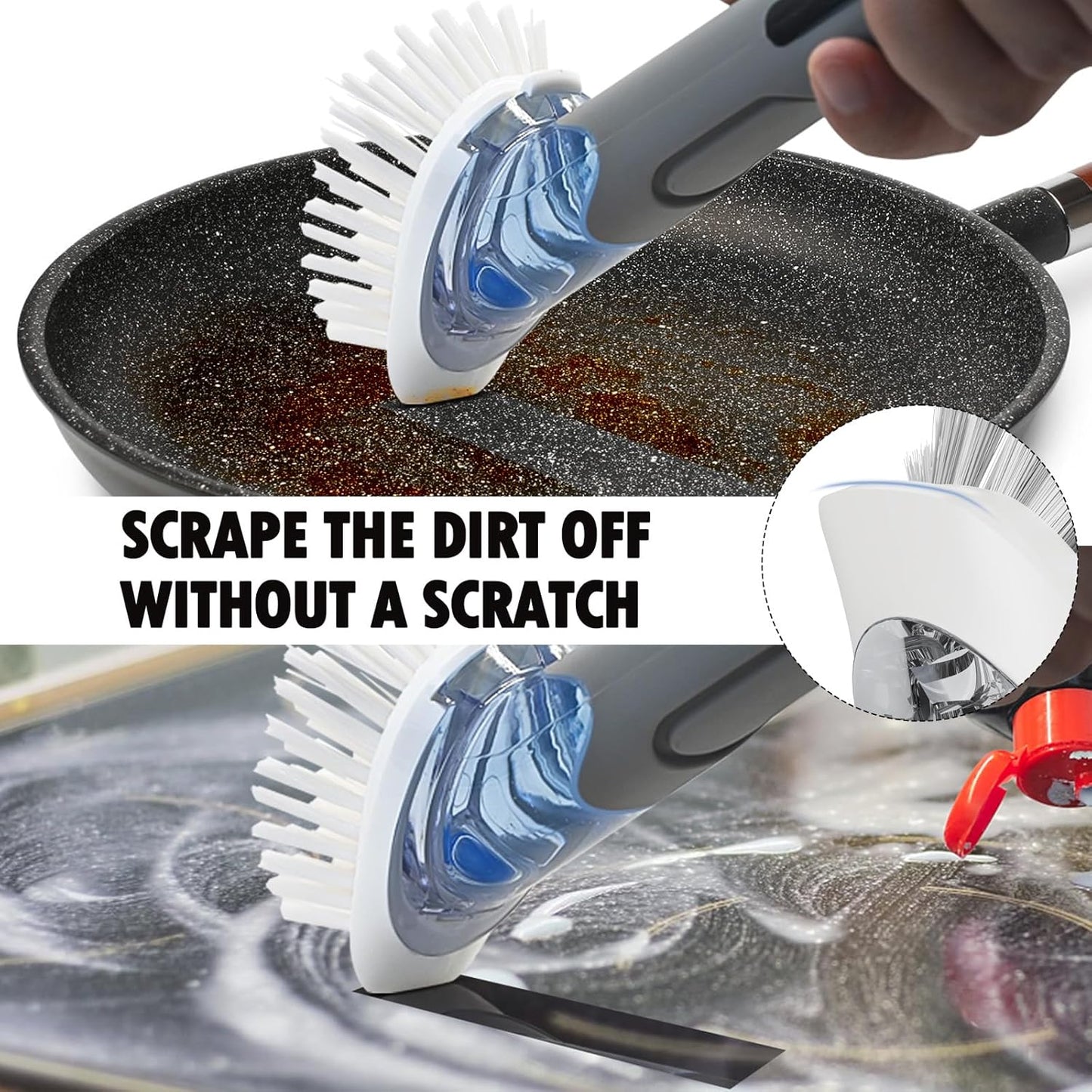 Soap Dispensing Replacement Dish Brush Storage Set with 2 PCS Brush Refills & Holder - RIMAY Dispenser Scrub Cleaning Scrubber Kitchen Dishwashing Dish Wand Handle for Dishes/Pans/Pots/Sink(Grey)