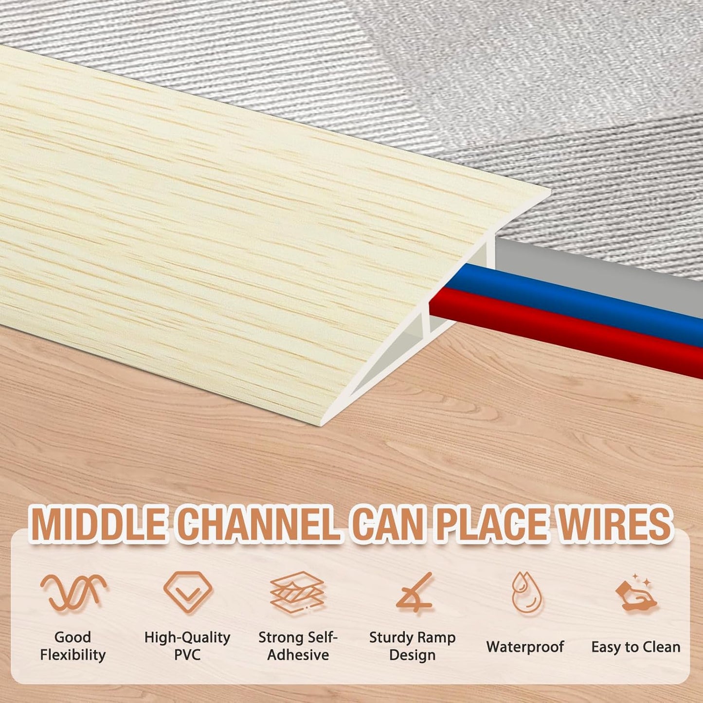 Floor Transition Strip Self Adhesive Vinyl Door Threshold for Doorways Carpet Edging Trim Overlap Edge Reducer for Laminate Floor, Carpet, Tile (Beige Wood Grain, 2/5" to 3/5", 3.3Ft)