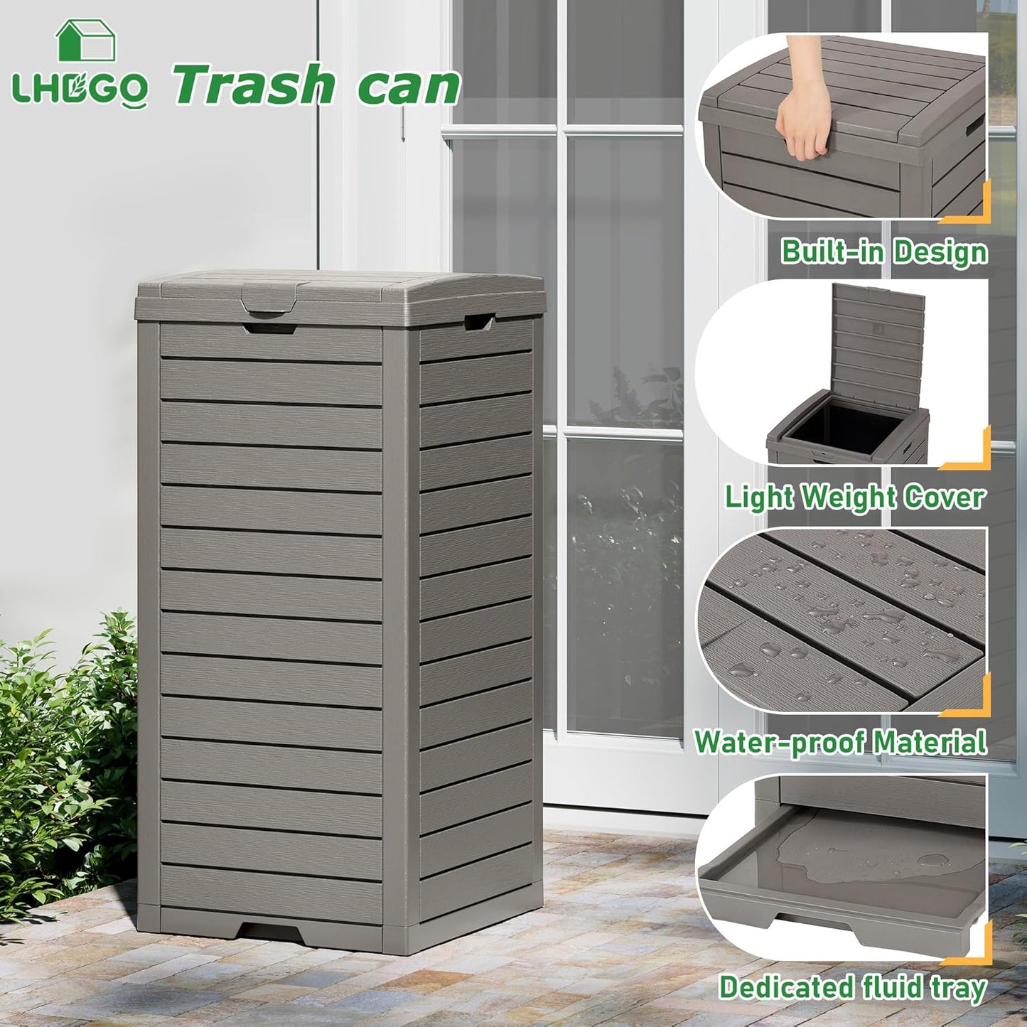 Outdoor Trash Can, 31 Gallon Garbage Can with Tiered Lid and Drip Tray, Waterproof Resin Patio Waste Bin for Garden, Backyard, Deck