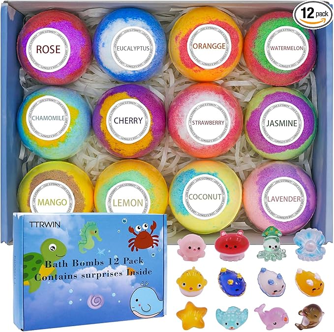 Bath Bombs for Kids with Surprise Inside for Girls Boys, 12 Pack Kids Bath Bombs with 12 Unique Sea Animal Toys, Kid Safe Handmade Bubble Bath Fizzies Bomb for Easter Eggs Birthday Christmas