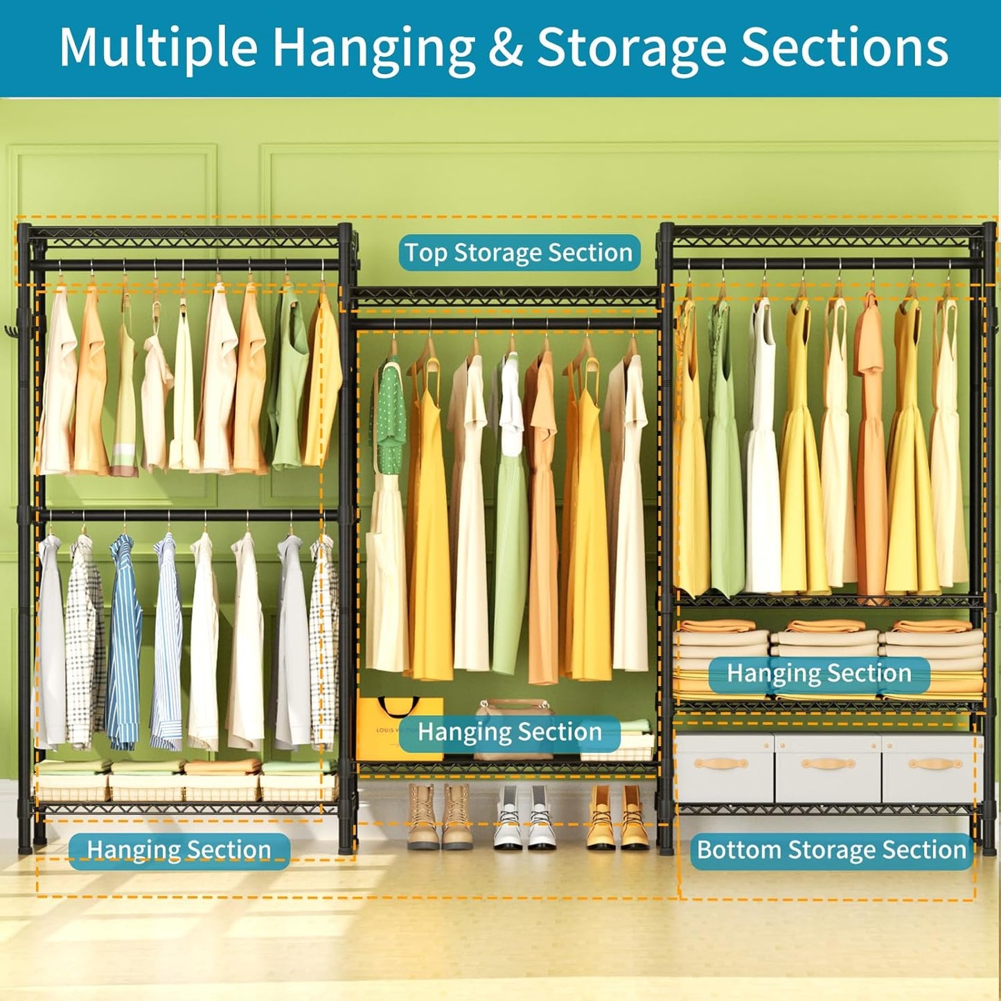 Heavy Duty Garment Rack Large Clothes Rack,Freestanding Closet Portable Clothing Rack with 8 Adjustable Wire Shelves and 4 Hang Rods,Metal Closet Storage Wardrobe Organizer System,Max Load 800lbs