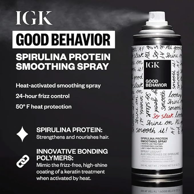 IGK Good Behavior Spirulina Protein Smoothing Travel Size Hairspray | Keratin Like Treatment | Hair Heat Protectant Spray | Frizz Control + Shine | 2.4 Fl Oz (Pack of 2)