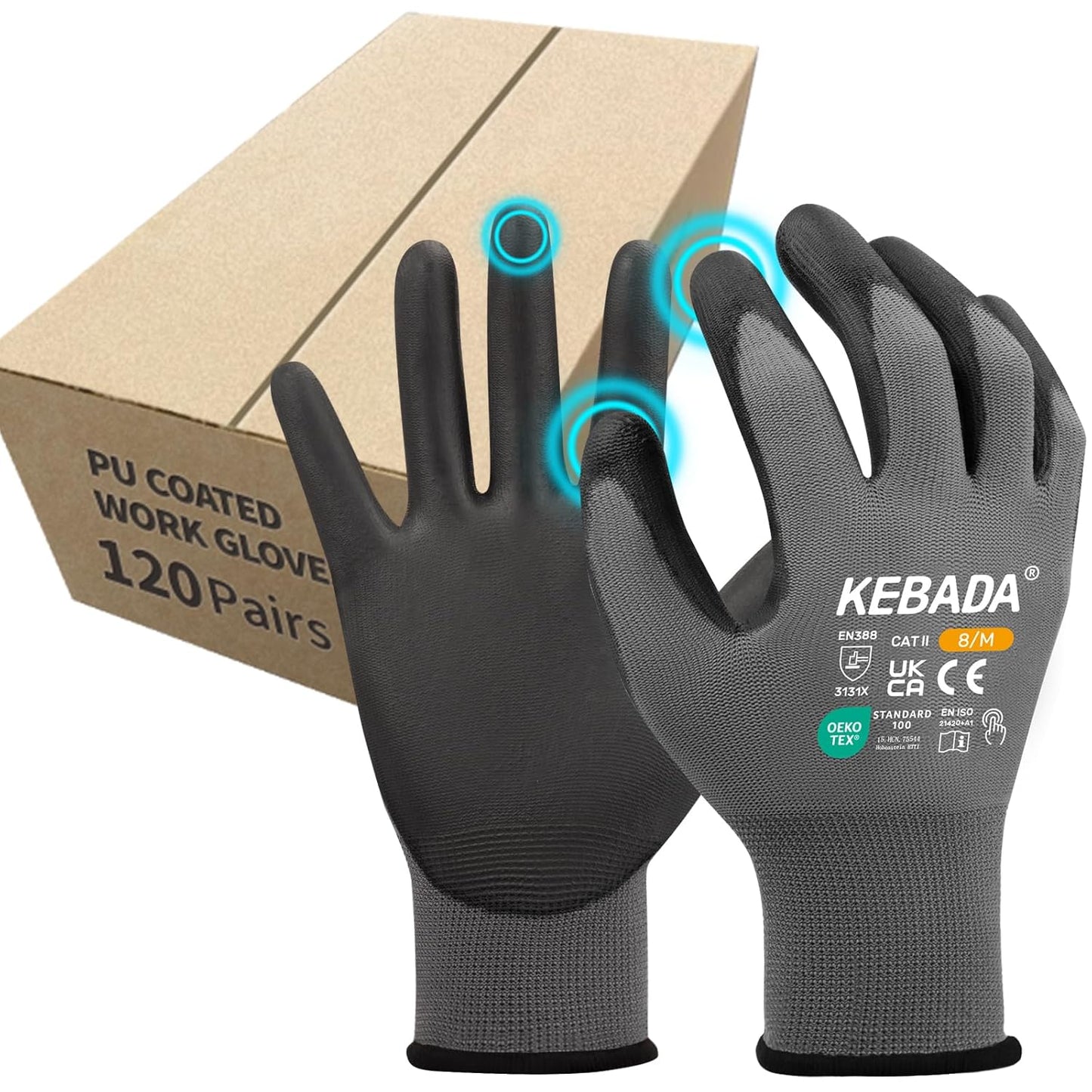 Kebada Safety Work Gloves,120 Pairs Bulk Pack, Touchscreen, PU Coated, Ideal for Warehouse, Construction, Gardening and Mechanics, Grey, X-Large