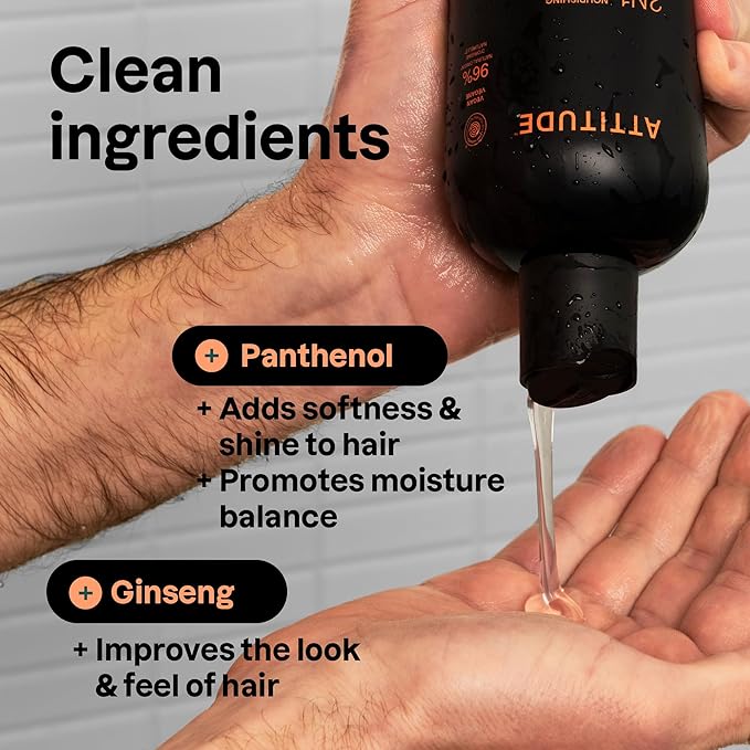 ATTITUDE Men's Shampoo and Conditioner 2-in-1, Nourishing For Dry Hair and Scalp, With Panthenol and Ginseng, 97% Natural Origin Ingredients, EWG Verified, Patchouli & Bourbon, 14 Fl Oz