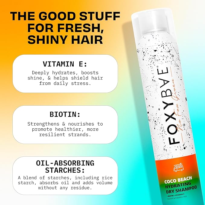 FoxyBae Coco Beach Hydrating Dry Shampoo – Waterless Biotin & Vitamin E Spray for All Hair Types – Absorbs Oil, Adds Volume & Texture – Sulfate & Paraben-Free with Beachy Coconut Scent – 7 fl oz