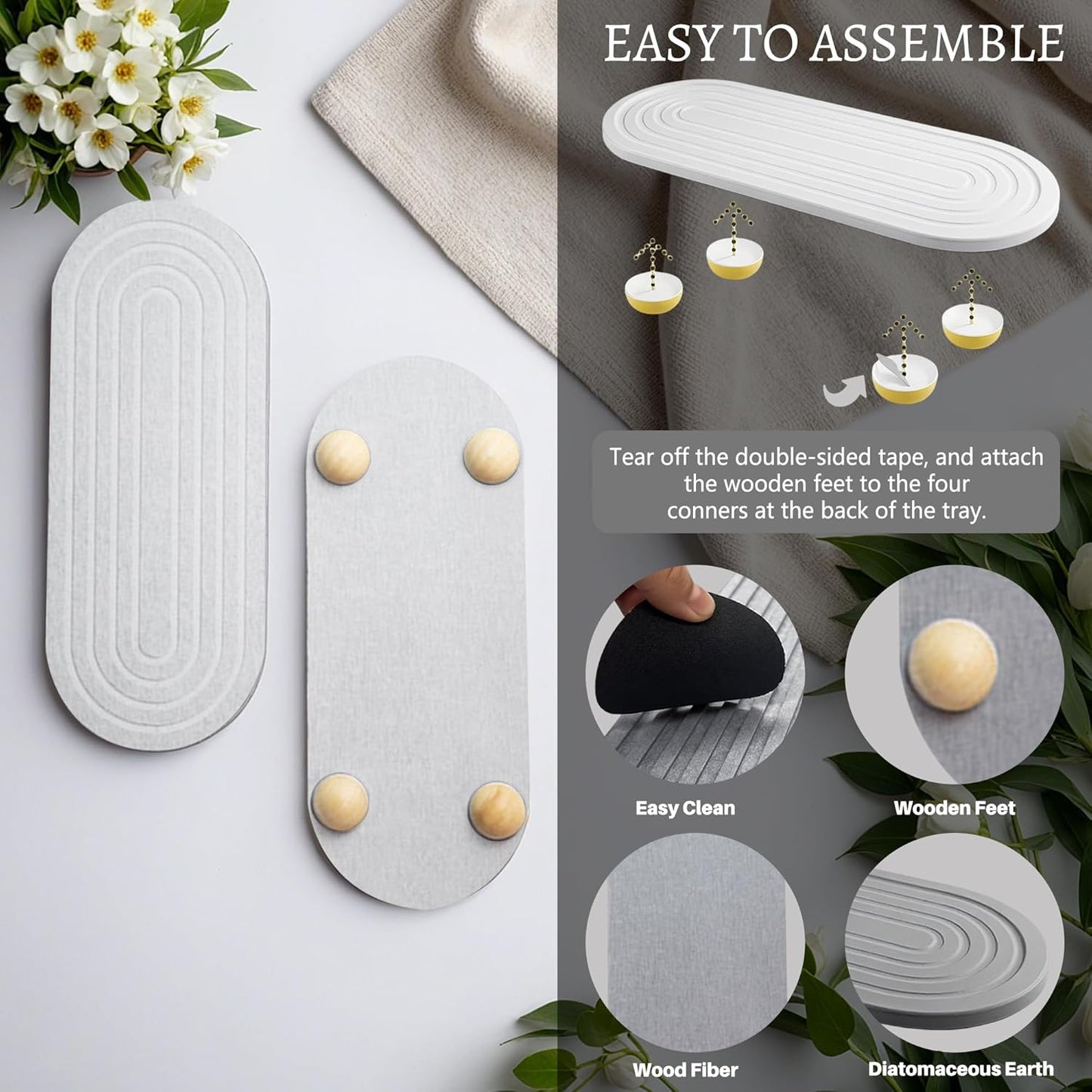 Instant Dry Sink Caddy Organizer, Fast Drying Sink Caddy, Water Absorbing Stone Sponge Holder for Kitchen and Bathroom Countertop with Natural Loofah and Wooden Feet