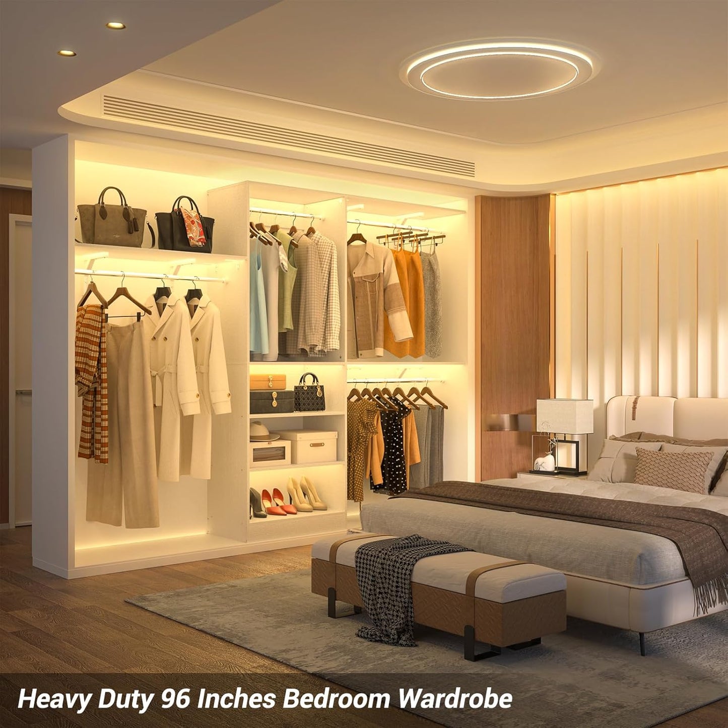 8FT Closet System with Shelves, 96'' Closet Organizer System with 3 Hanging Rods, Wall Mount Bedroom Wardrobe Walk-in Closet, Adjustable Cloth Garment Rack from 5 to 8FT (Cut to Fit), White