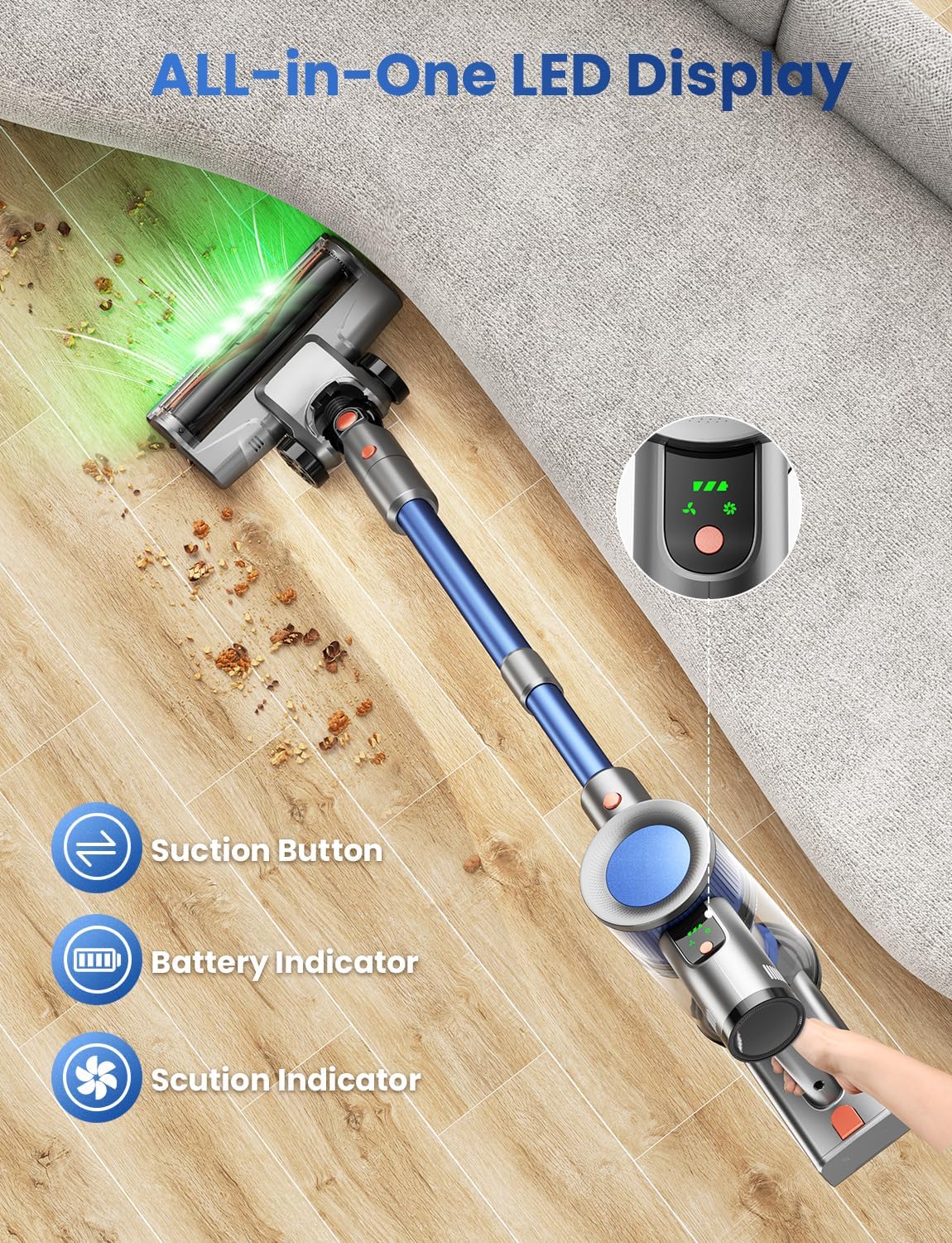 Dzaki Cordless Vacuum Cleaner, Stick Vacuum with Smart LED Display, 50KPA 55Mins Vacuum Cleaners for Home, Powerful Suction, Anti-Tangled Lightweight Rechargeable Vac for Pet Hair, Carpet, Hard Floor
