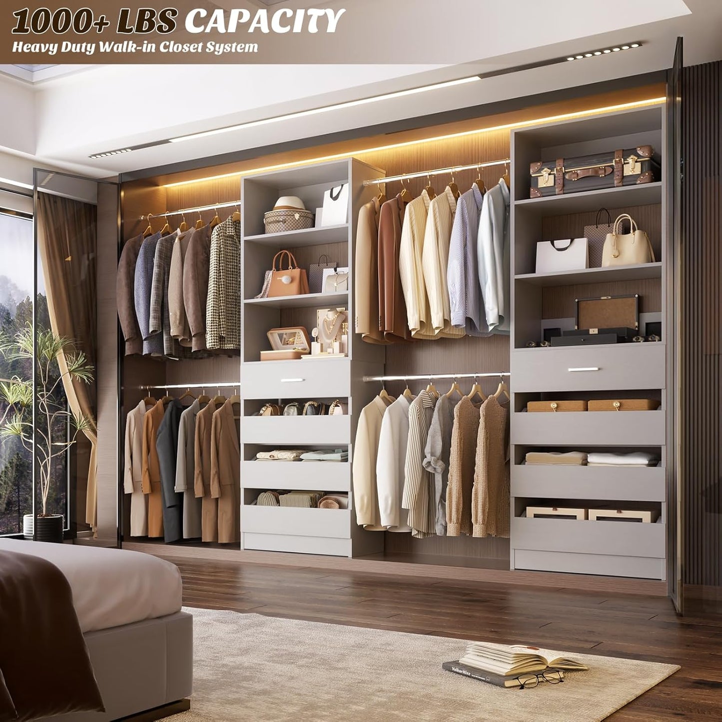 Aheaplus Closet System, 4-9Ft Closet Organizer with 4 Wooden Drawers, Wood Closet Organizer System with Tower, Walk-in Closet Organizer Wardrobe Garment Clothes Rack with 4 Hanging Rods, Grey