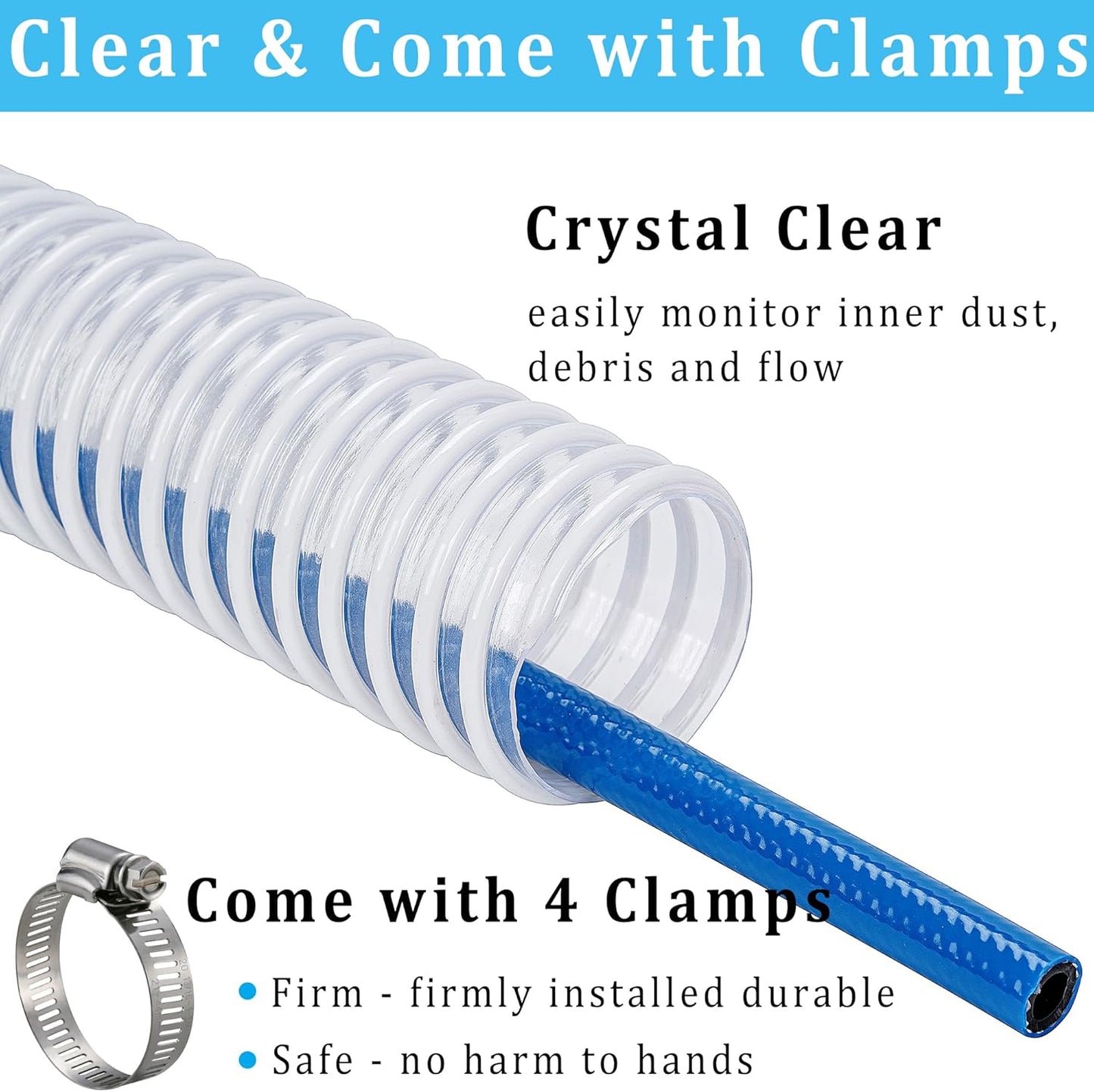 Dust Collection Hose 1-1/2 in × 20 ft Heavy Duty Clear Flexible PVC Reinforced Thicken Helix Suction Discharge Corrugated Pipe Hose for Fume Dust Collector Fitting Wood Chip Saw (1.5 inch hose)