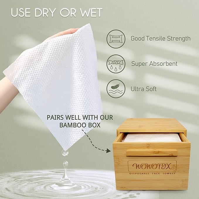 Disposable Face Towel Biodegradable Large Dry Wipes 60 Count/Box Extra Thick Soft Clean Facial Towels for Sensitive Skin, Makeup Removing, Cleansing, Nursing, Travel, 10×12 Inches