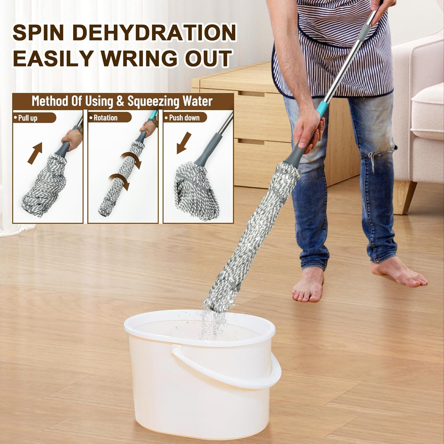 Self Wringing Mop - Easy Squeeze Twist Mop with 52.5 Inch Long Handle, Heavy Duty for Hardwood, Tile, Vinyl & Laminate Floors (Gray)