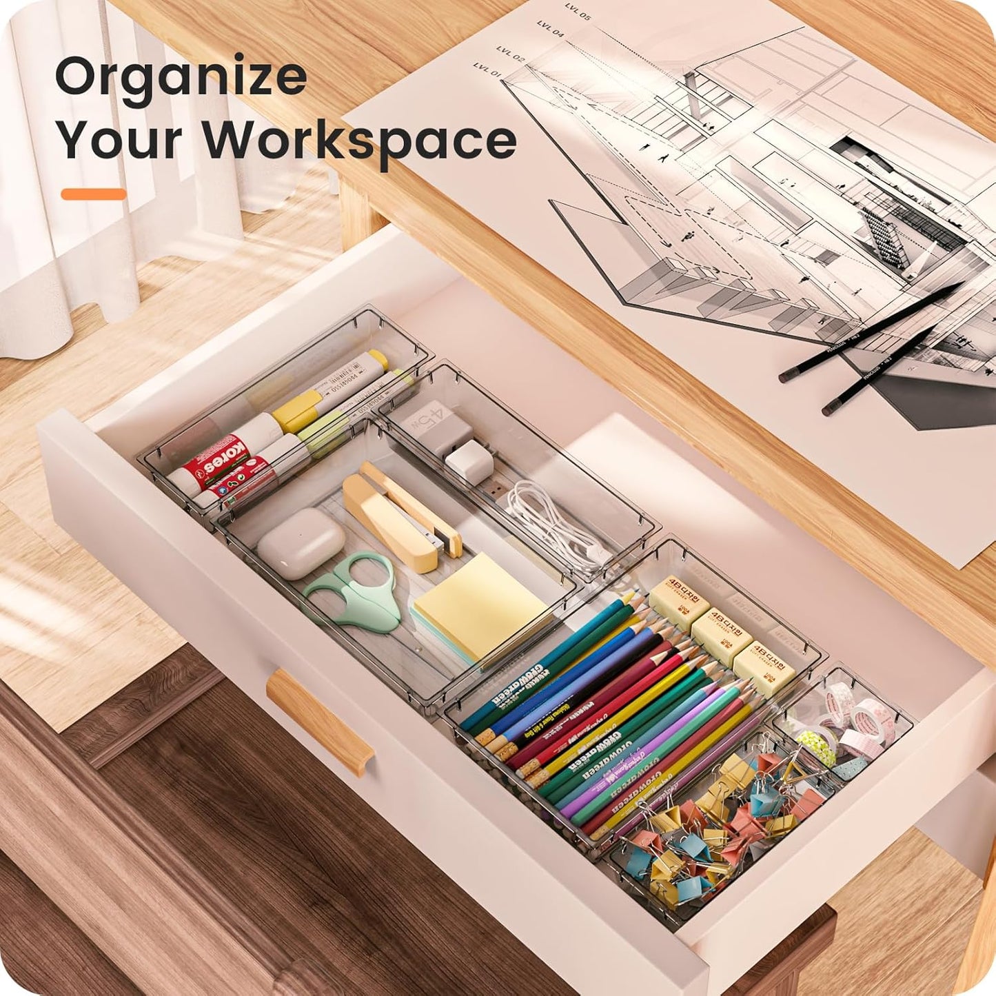 A-LuGei Drawer Organizer, Bathroom Organizers and Storage, Makeup organizer, Desk drawer organizer, Storage Bins for Kitchen Office Bedroom Vanity Jewelry Pantry Garage, 4Size, Clear