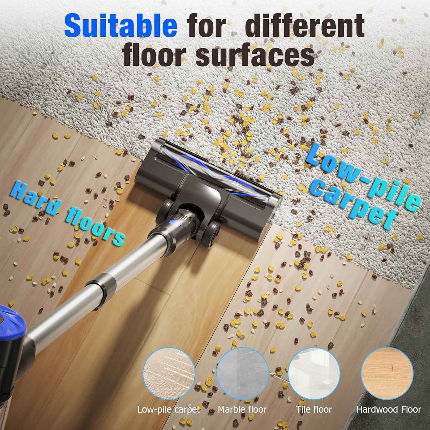 Cordless Vacuum Cleaner, Super Power Suction Stick Vacuum Cleaners with 2200 mAh Battery,8-in-1 Lightweight Self-Standing, 35 Mins Runtime for Home Low-Pile Carpet Pet Hair