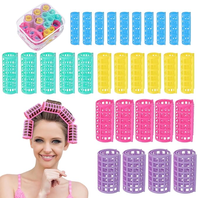 30Pcs Self Grip Rollers Set, 5 Sizes for Long, Medium and Short Hair, Large Rollers for Volume, Snap-On Sleep-In Curlers for Women's Hair Styling