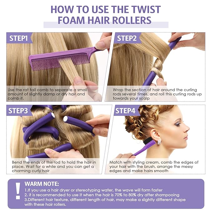 36 Pieces Flexible Foam Curling Rods Twist Foam Hair Roller Bendy Soft No Heat Rollers and Brush Rat Tail Comb for Women Short, Medium, Long Hair(0.32 x 9.4 Inch,Purple)