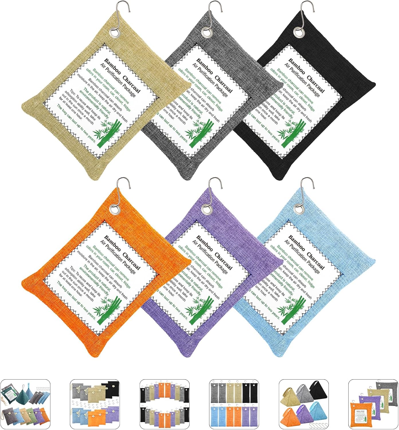 Charcoal Air Purifying Bags 6 Pack×200g Bamboo Charcoal Bags Odor Absorber, for Car Air Fresheners, Odor Eliminator for Home，Shoe Deodorizer - Colorful-Activated Charcoal Odor Absorbers