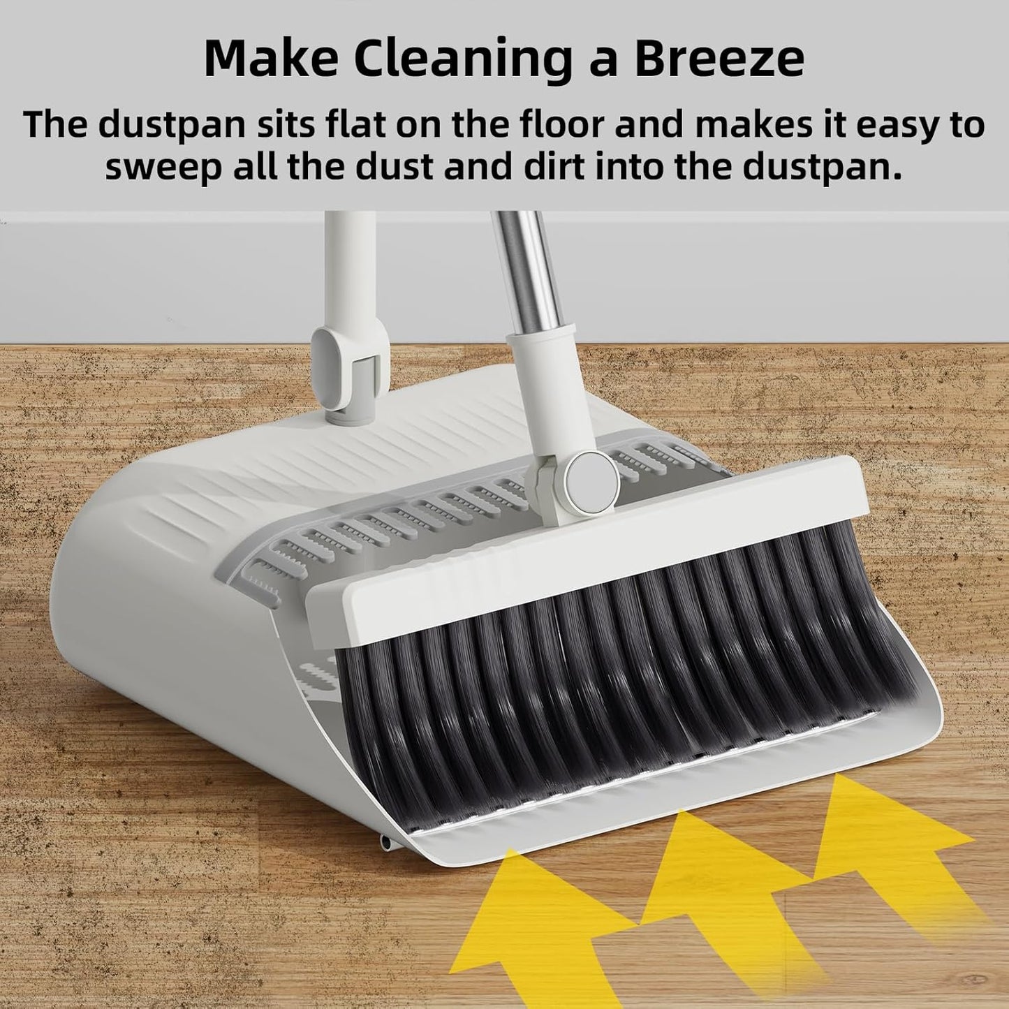 Upgrade Broom with Dustpan Combo Set, Broom and Dustpan Set with Adjustable Handle，Self-Cleaning Dustpans Teeth for Home Kitchen Office Hall Floor，ZeroGap Lip （White&Grey）