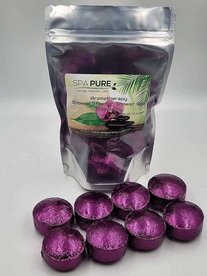 Spa Pure TRANQUILITY Aromatherapy Shower Bombs made in USA with 100% Natural/Organic Essential Oils - Transform Your Shower - Transform Your Mood (8 Count) Pack of 1