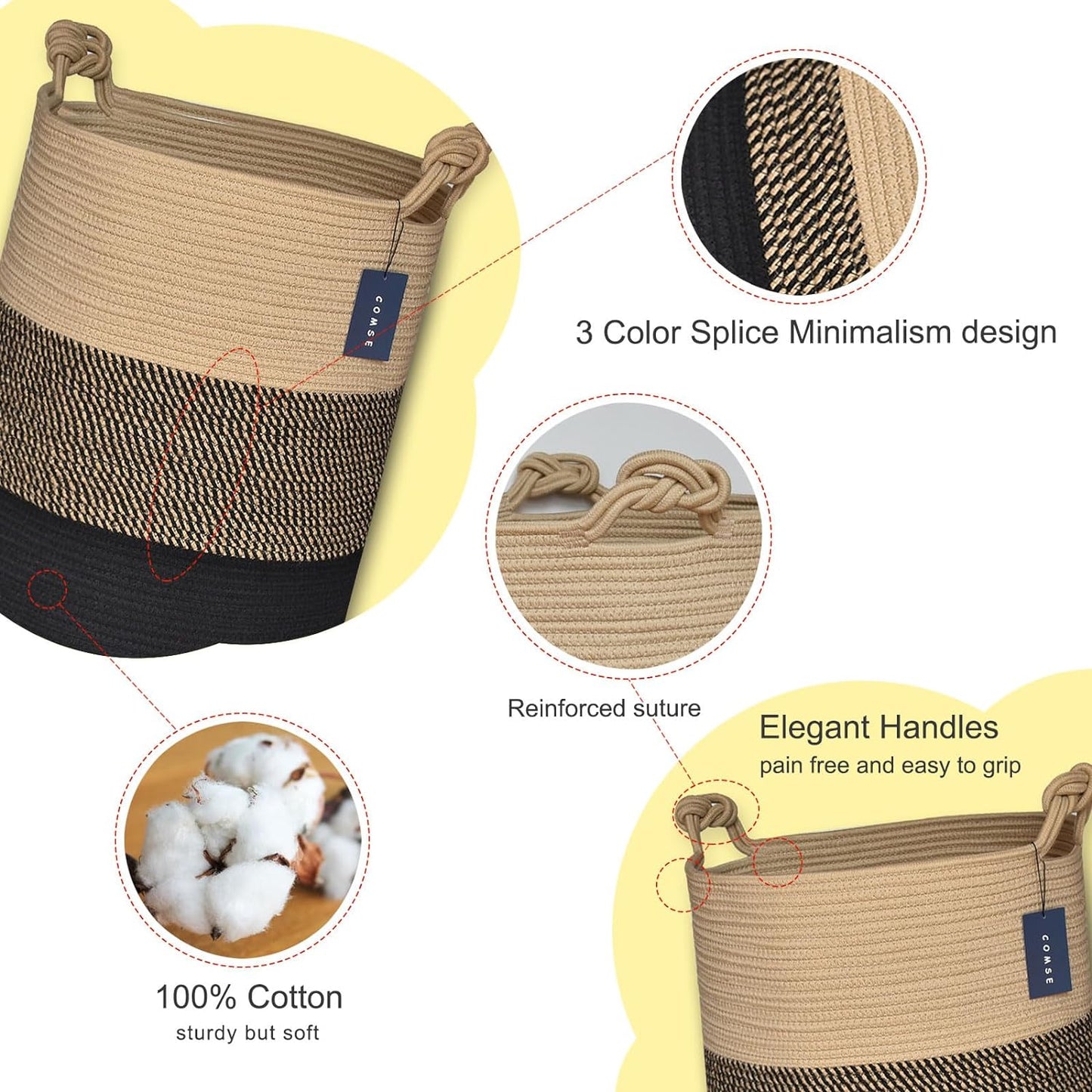 COMSE Extra Large Blanket Basket, Tall Woven Storage Basket, Nursery Hamper, 15.7”x 21.7”, Cotton Rope Laundry Hamper for Toys Clothes Towels, Brown/Black