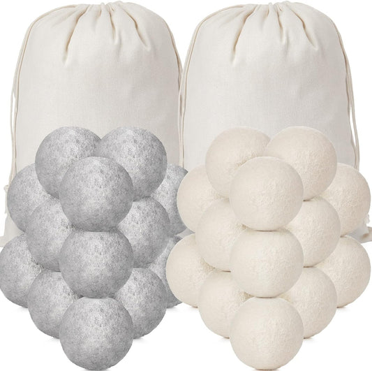 Roowest 56 Pieces Wool Dryer Balls Set 54 Reusable Wool Balls with 2 Muslin Bags Wool Laundry Balls Fabric Softener Ball Anti Wrinkle Anti Static Saving Energy and Time
