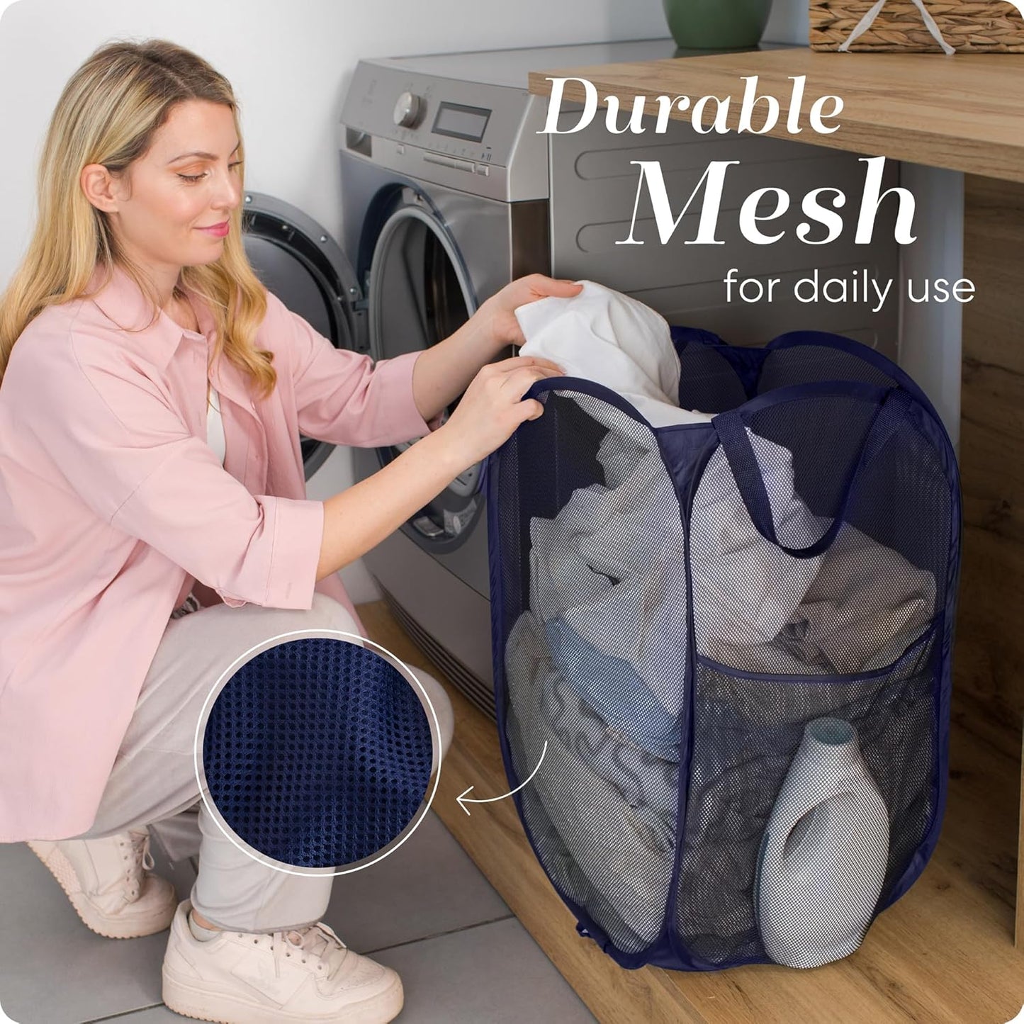 Handy Laundry Collapsible Mesh Pop Up Hamper with Wide Opening and Side Pocket - Breathable, Sturdy, Foldable, and Space-Saving Design for Clothes and Storage (Blue | 2-Pack)