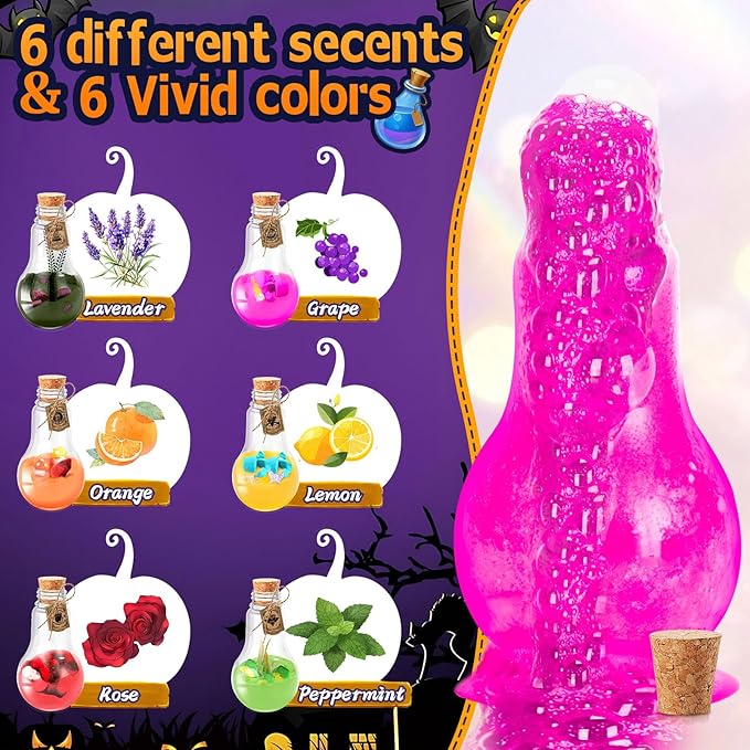 Kids Bath Bomb Potions, 6 Pack – Magic Potion Bubble Bath Bombs with 13 Mini Toy for Toddlers Ages 3-8, Rich in Natural Essential Oils, Science Soap Potion Bottles Kit & Halloween Fizzes Eruption Gift