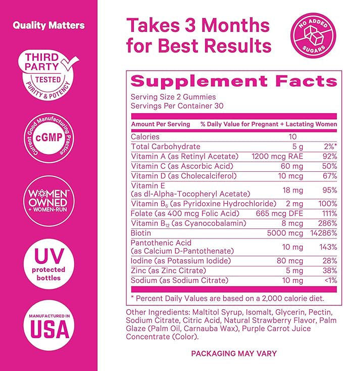 Pink Stork Postpartum Hair Loss Gummies | Biotin, Pantothenic Acid, Vitamin E, B6, B12 | Postnatal Hair Growth + Regrowth Support for New Moms | Breastfeeding-Friendly | 60 Gummies