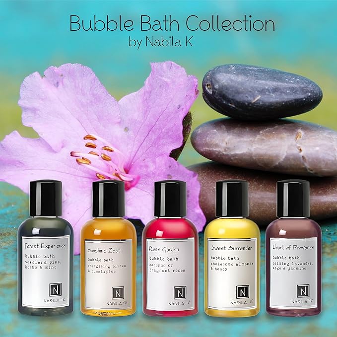 Assorted Travel Size Bubble Bath Collection (Set of 5) by Nabila K - Forest Experience, Sunshine Zest, Rose Garden, Sweet Surrender, Heart of Provence - Essential Oils with Natural Ingredients - 2 oz