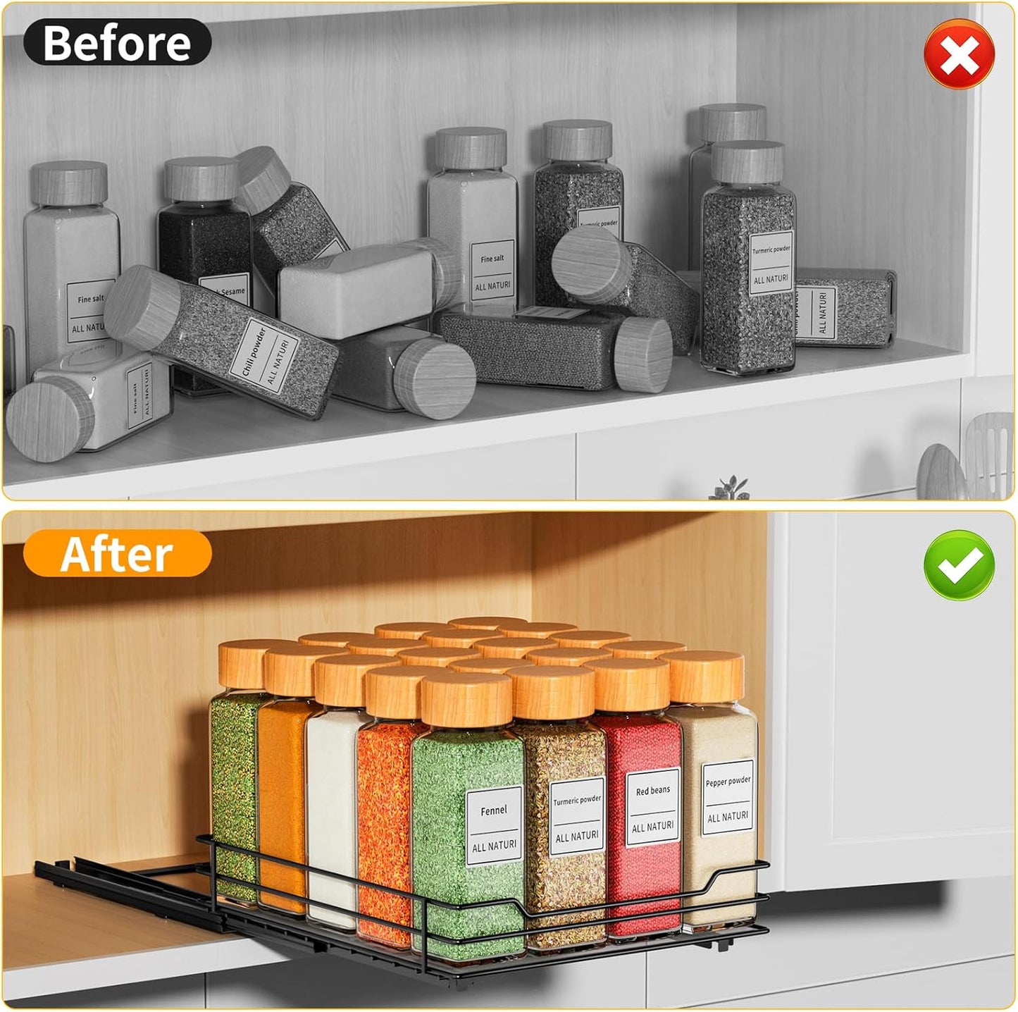 RCHYFEED Pull Out Spice Rack Organizer for Cabinet,Slide out Spice Organizer for Inside Cabinets,Heavy Duty Spice Organization for Kitchen and Pantry,Seasoning,Sauces(1-Tier,6.5" Wx10.5 Dx2.5 H)