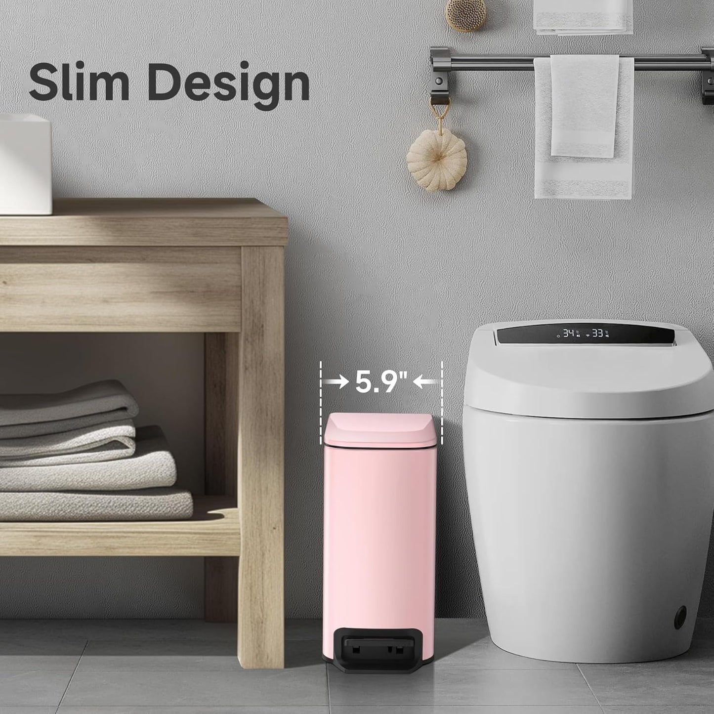 TIPGO Slim Bathroom Trash Can with Lid Soft Close, 6 Liter / 1.6 Gallon Stainless Steel Garbage with Removable Inner Bucket, Small Trash Bins for Bedroom, Office (Pink)