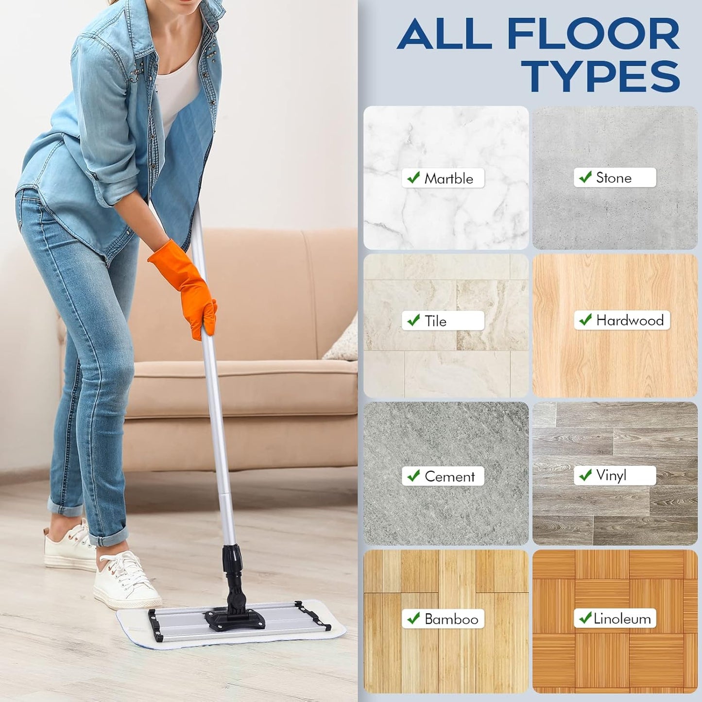 Matthew 18'' Microfiber Spray Mop Replacement Pads Heads for Wet Dry Reusable Mops Floor Home Commercial Cleaning Refills, Machine Washable Fits Compatible with Bona Mop&Most Spray Mops Blue (3 Pack)