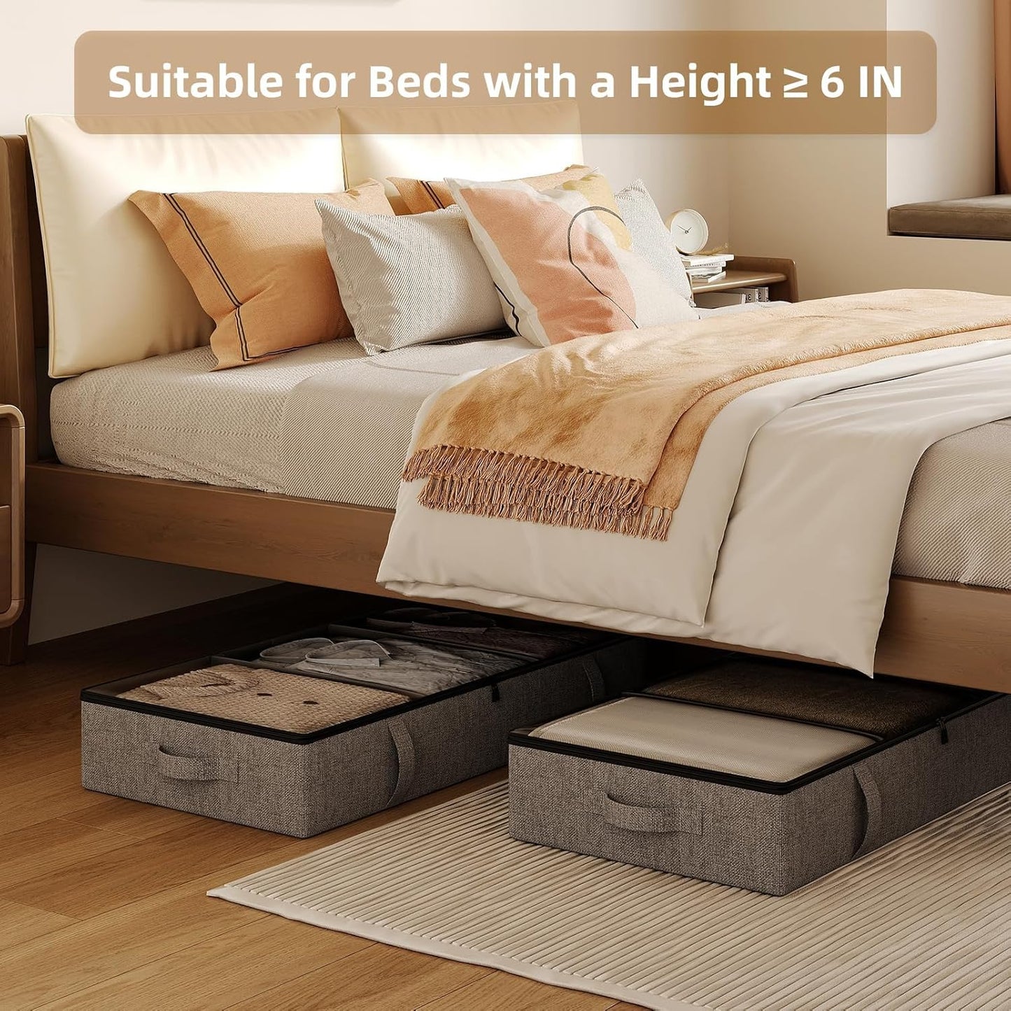 Vailando Under Bed Storage, 2 Pack Under Bed Storage Containers with Dividers, Firm Sides, Strong Zipper, 3 Reinforced Handles, 6 Inches Low Profile Underbed Storage Bins for Clothes, Blankets, Grey