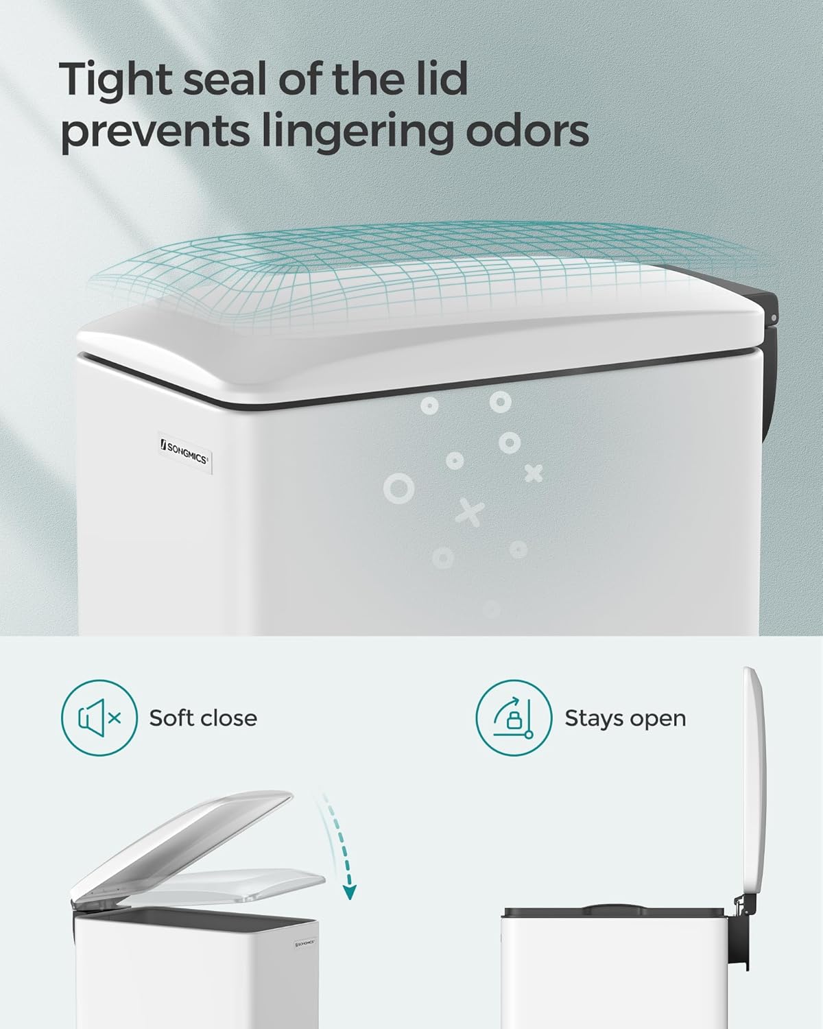 SONGMICS Slim Trash Can, 13-Gallon (50 L) Garbage Can for Narrow Spaces with Soft-Close Lid, Inner Bucket, and Step-on Pedal, Stainless Steel, 15 Trash Bags Included, White ULTB510W48