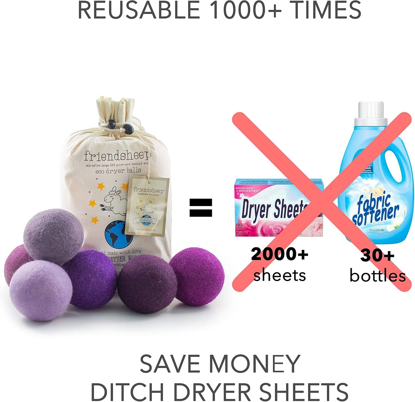 Friendsheep Wool Dryer Balls Purple 6 Pack XL Organic Premium Reusable Cruelty Free Handmade Fair Trade No Lint Fabric Softener Color - Purple Haze