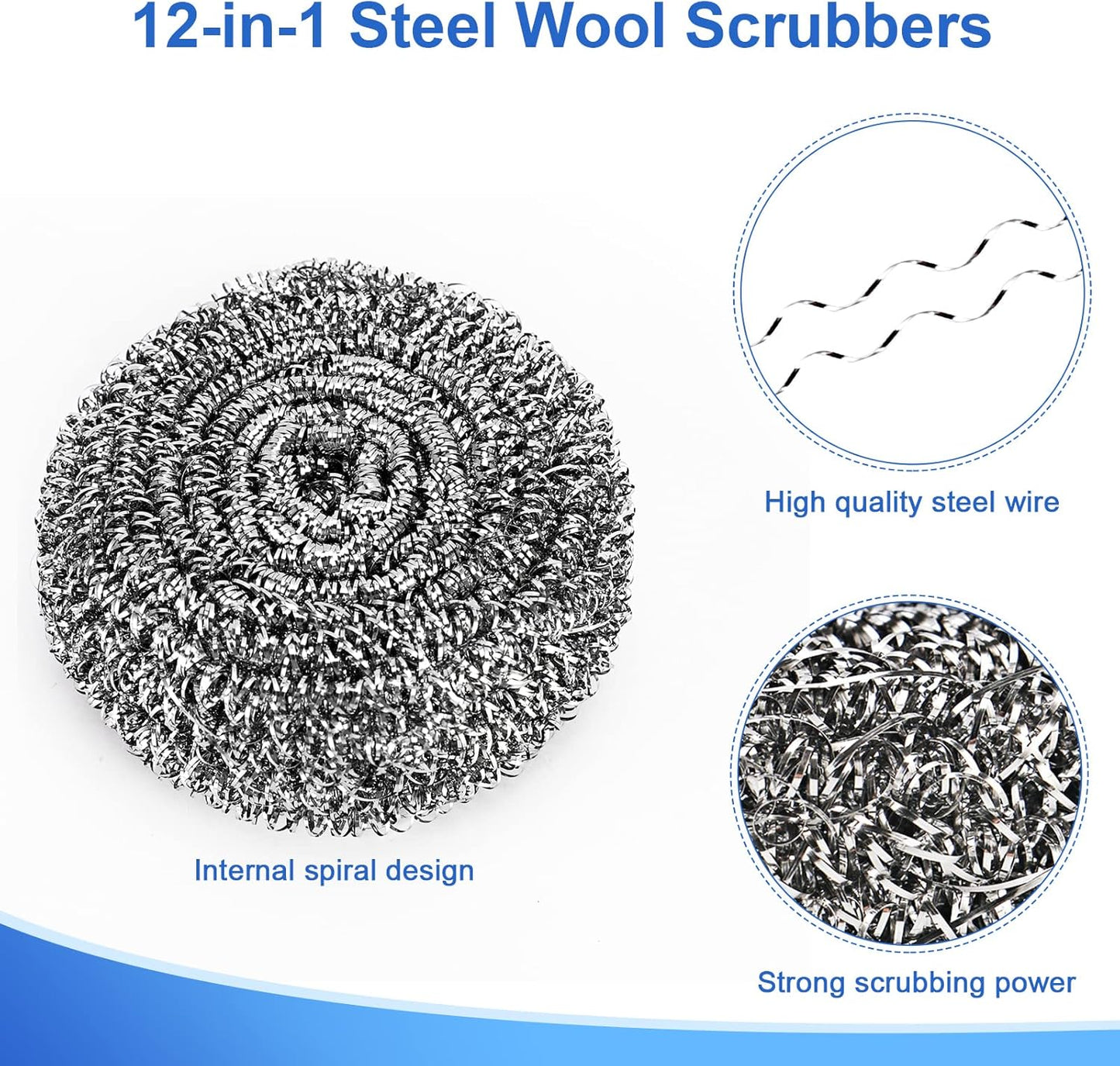 12Pack Upgraded Steel Wool Scrubbers - Premium Stainless Steel Scrubber, Metal Scouring Pads, Steel Wool Pads, Kitchen Cleaner, Heavy Duty Cleaning Supplies - Especially for Tough Cleaning