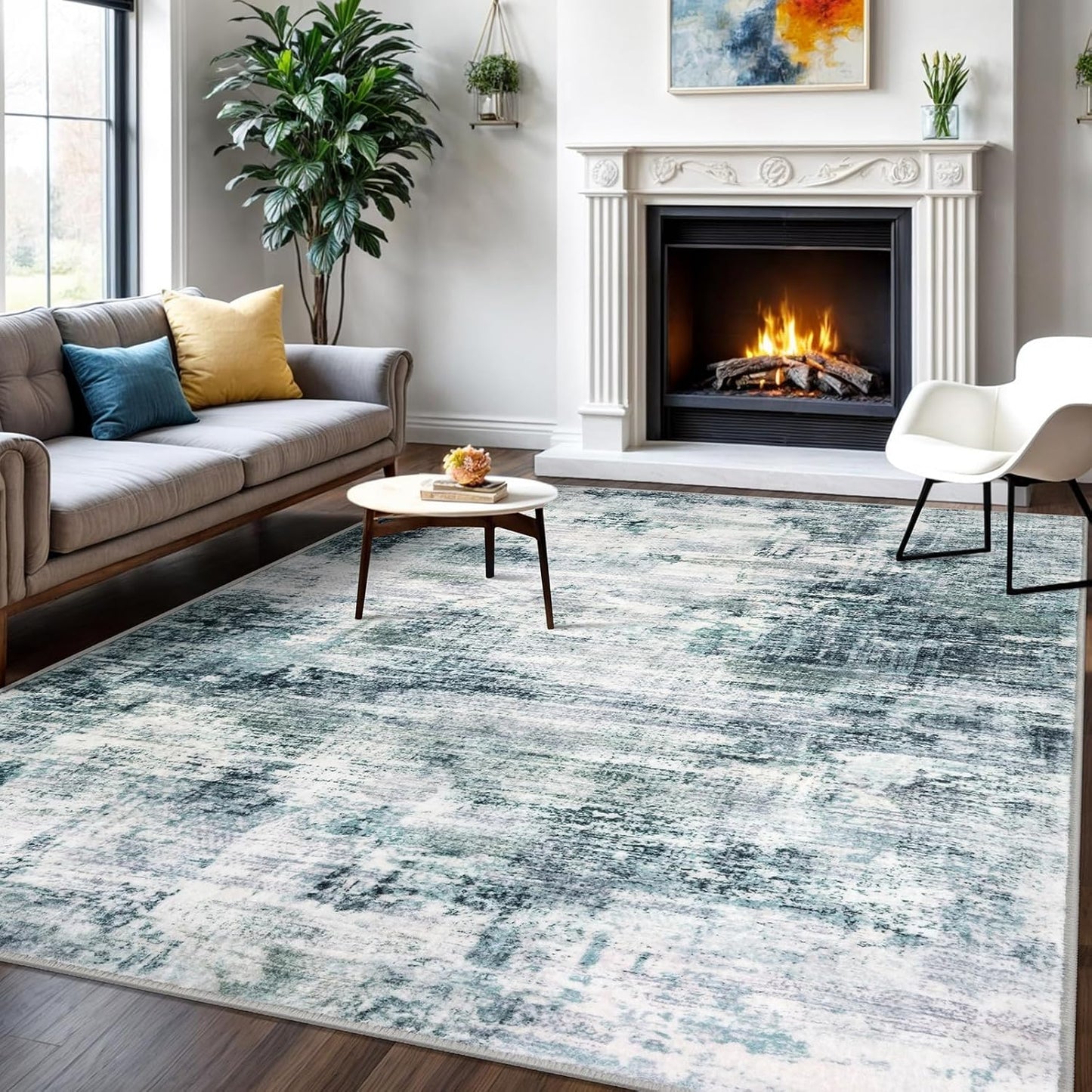 IOHOUZE Modern Abstract Area Rugs 6x9 Ft Washable Rugs for Living Room, Non Slip Dining Room Rug, Printed Faux Wool Rugs for Bedroom, Floor Carpet for Office Nursery Playroom, Sage Grey