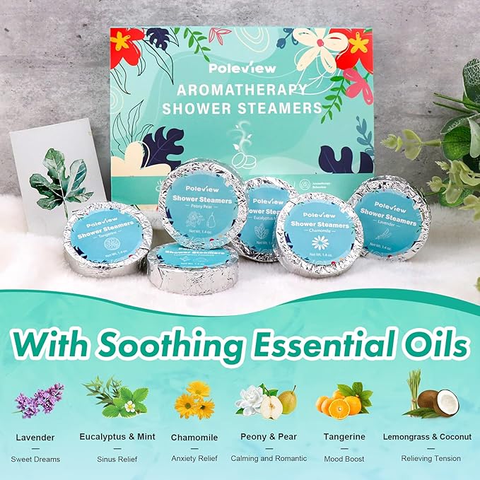 Shower Steamers Aromatherapy, 6 Pack Shower Bombs - Eucalyptus Mint, Lavender, Peony Pear, Chamomile, Tangerine, Lemongrass Coconut Essential Oil, Stress Relief and Relaxation Gifts for Women