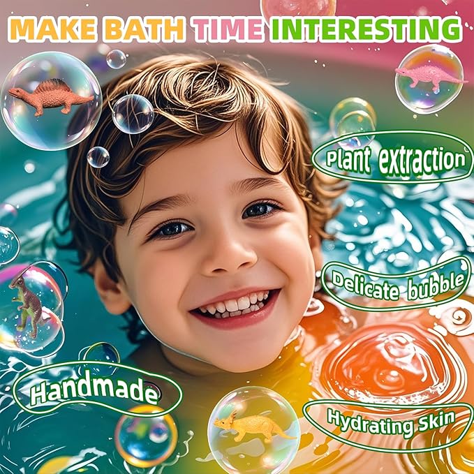 9 Pack Natural and Organic Dinosaur Bath Bombs Bubble Bath Gift Set, Bath Bombs for Kids with Dinosaur Toys Inside, Perfect Birthday Gifts for Kids (9pcs, 90g