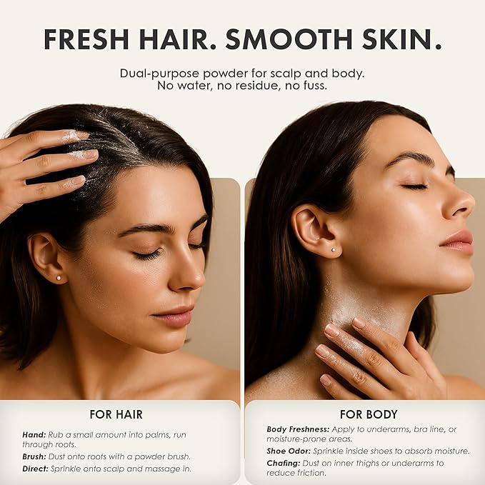 Non-aerosol Dry Shampoo Powder for Dark, Blonde and Oily Hair, All Natural Body Powder for Women and Men, Paraben & Talc free No White Cast Synthetic Fragrance, Patchouli and Amber - 4oz