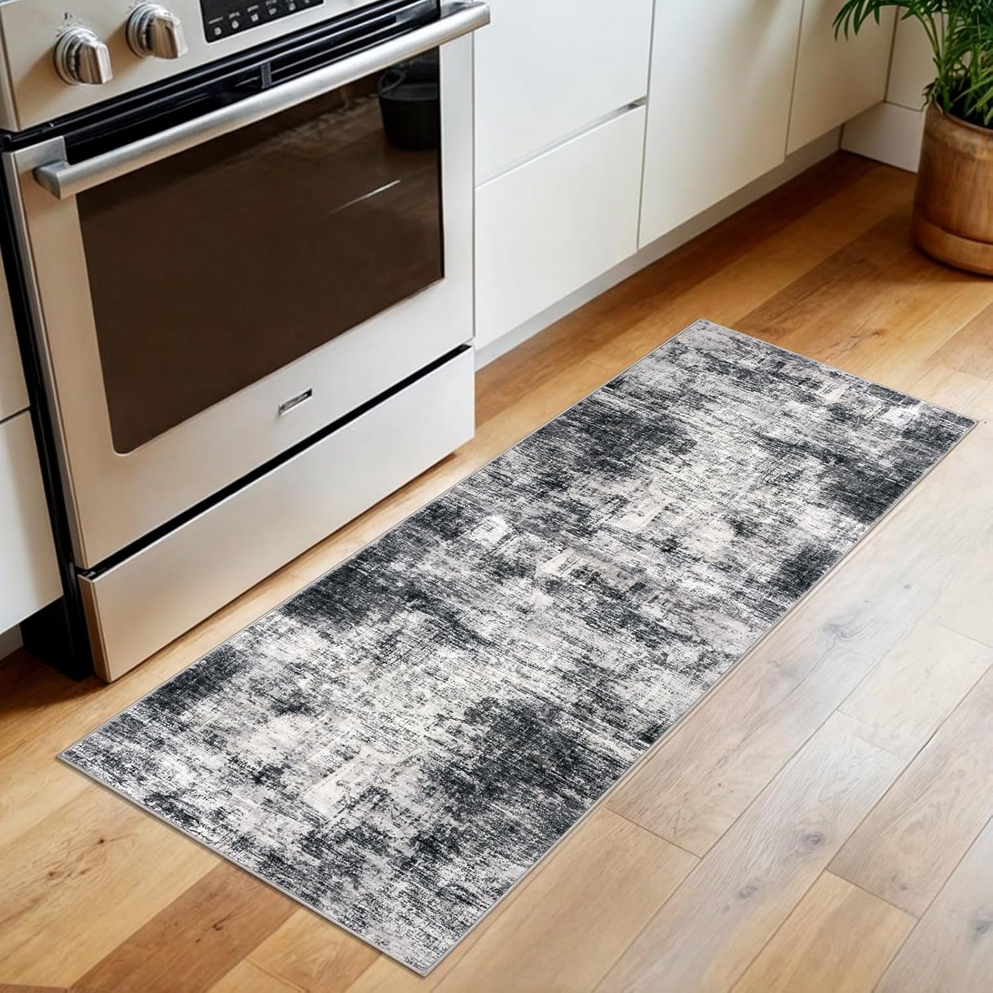 IOHOUZE Abstract Runner Rug 2x5 Ft Washable Runners for Hallways, Non Slip Kitchen Runner Printed Faux Wool Entryway Runner Indoor, Modern Abstract Floor Carpet for Hall Kitchen Bedroom, Black Grey