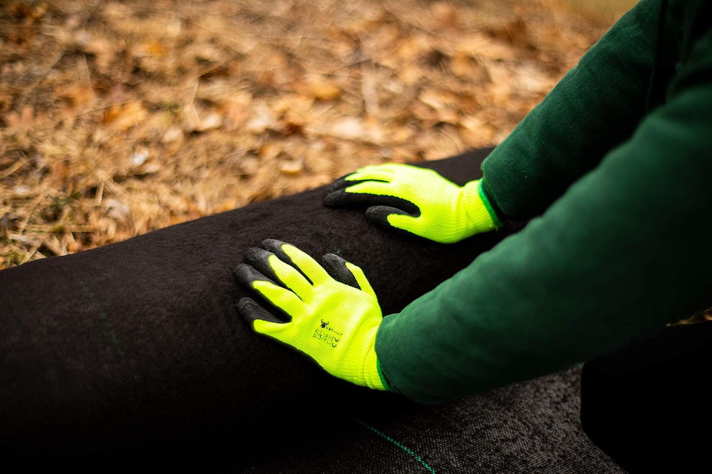 G & F 1516 12 Pairs Pack Premium High Visibility Low emissions Green Work and gardening Gloves for Men and Women.MicroFoam Textured Coated Palm and Fingers Gloves for Gardening Work,Size Large,Green