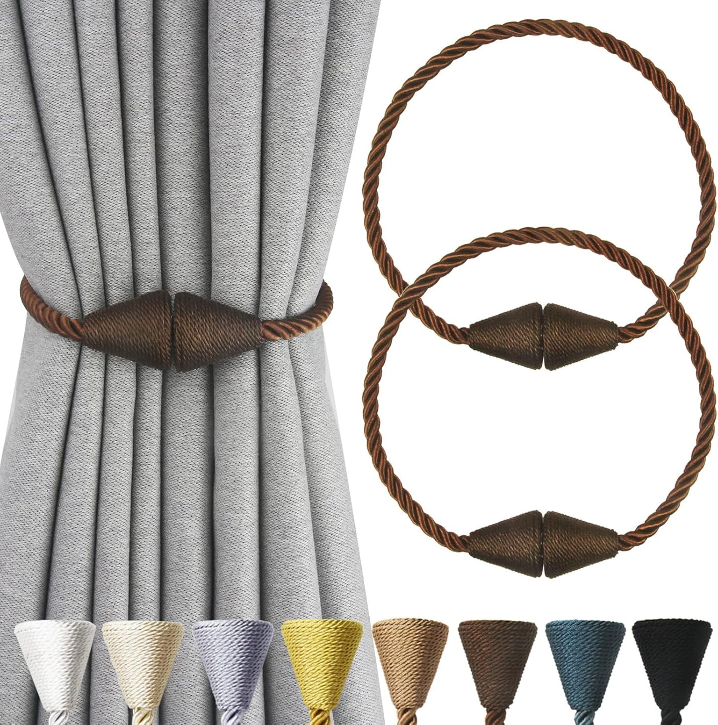 2 Pack Magnetic Curtain Tiebacks Rope Modern Handmade Curtain Tie Backs Decorative Drapes Weave Holdbacks for Window Décor, Coffee