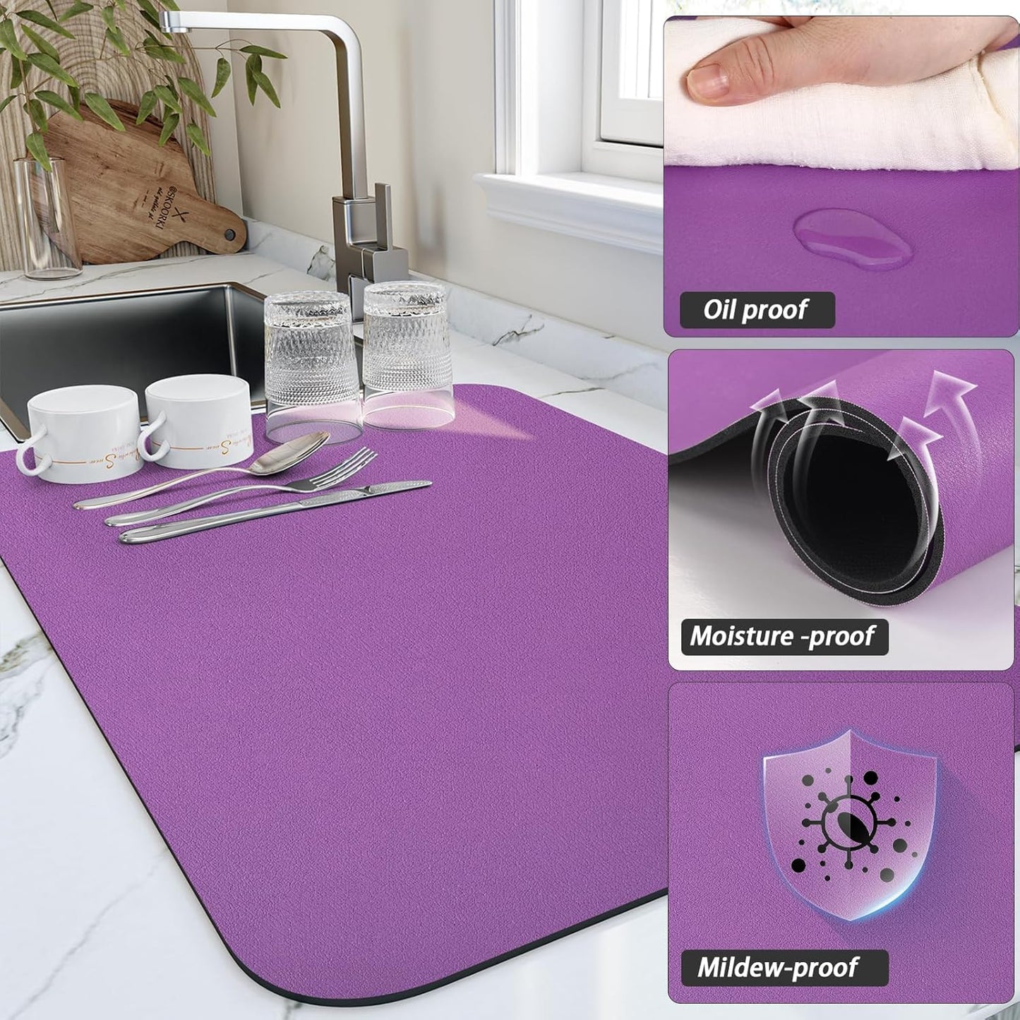 Dish Drying Mat for Kitchen Counter, Heat Resistant Drainer Mats with Non-slip Rubber Backed, Hide Stain Kitchen Super Absorbent Draining Mat, Easy to Clean Dish Rack Pad, Purple 18"x24"