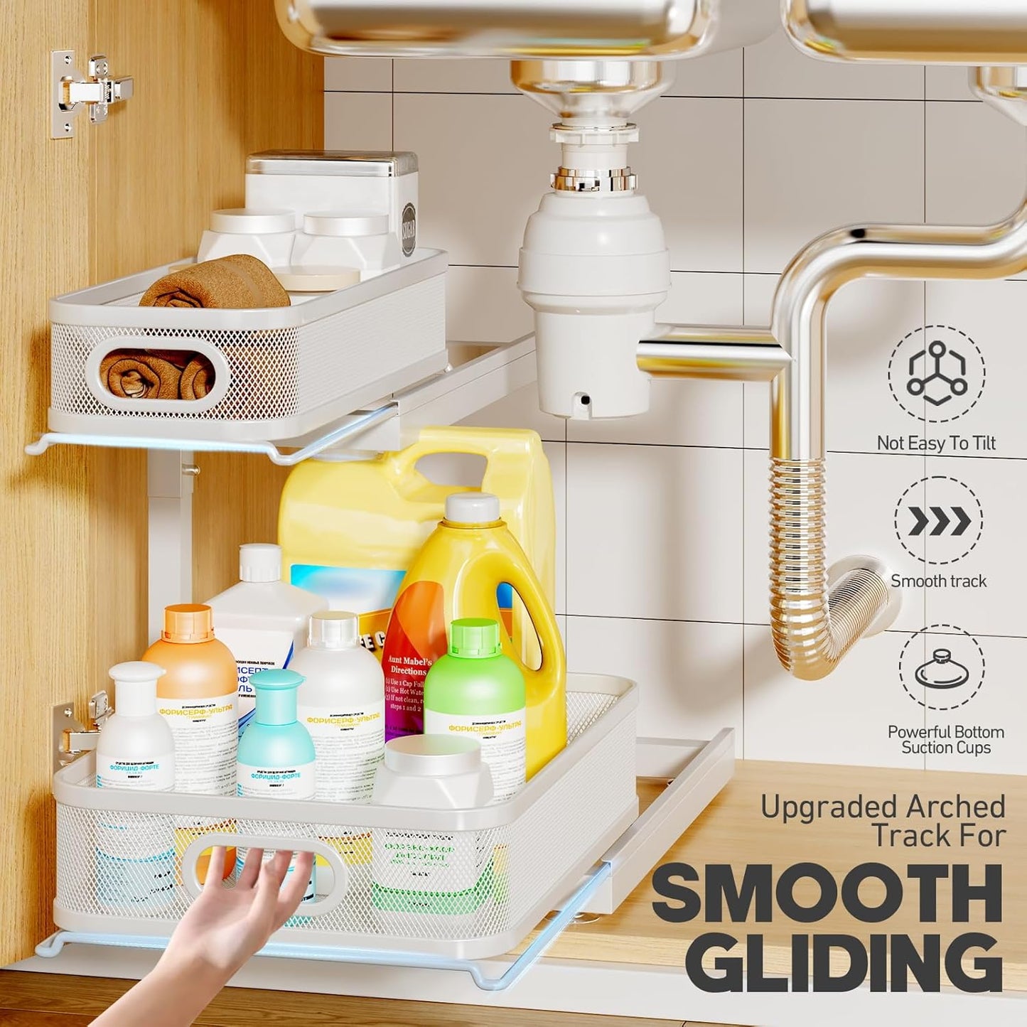 2-Pack Under Sink Storage Organizer with 2-Tier Slide Out Drawer, Sophisticated Mesh Pull Out Shelf for Kitchen & Bathroom, Fits Small Items, Upgraded Arched Track for Smooth Gliding(Patented)