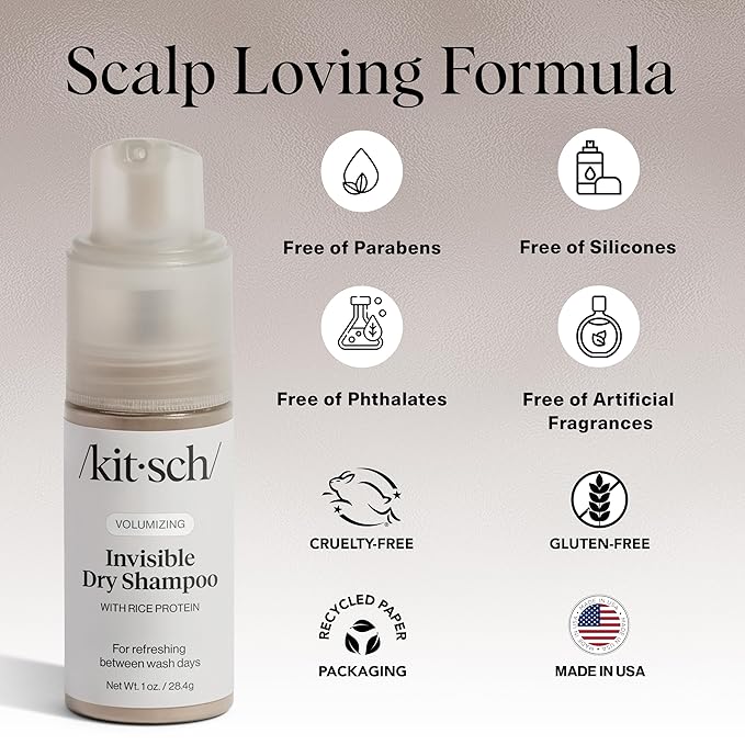 Kitsch Volumizing Rice Protein Dry Shampoo Powder - Dry Shampoo for Women & Men, No White Cast, Absorbs Oil, Non-Greasy, For Light-to-medium Hair Colors, Travel Size in Pump Form - Invisible 1oz